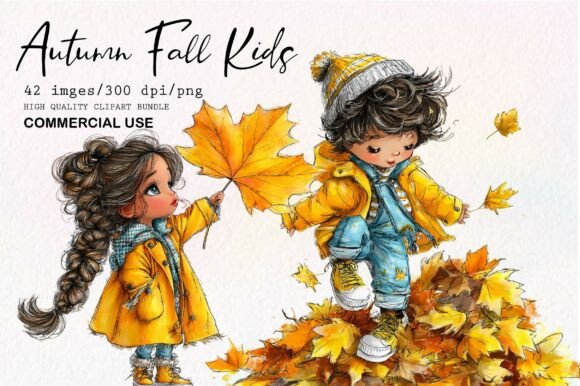 Download Whimsical Autumn Fall Kids Clipart Set - Clipart set Collection