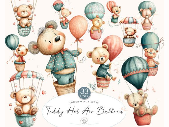 Download Teddy Bear Hot Air Balloon Clipart Set - Clipart set Collection