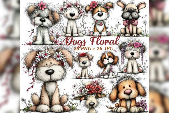 Download Whimsical Floral Dogs Spring Clipart Set - Clipart set Collection
